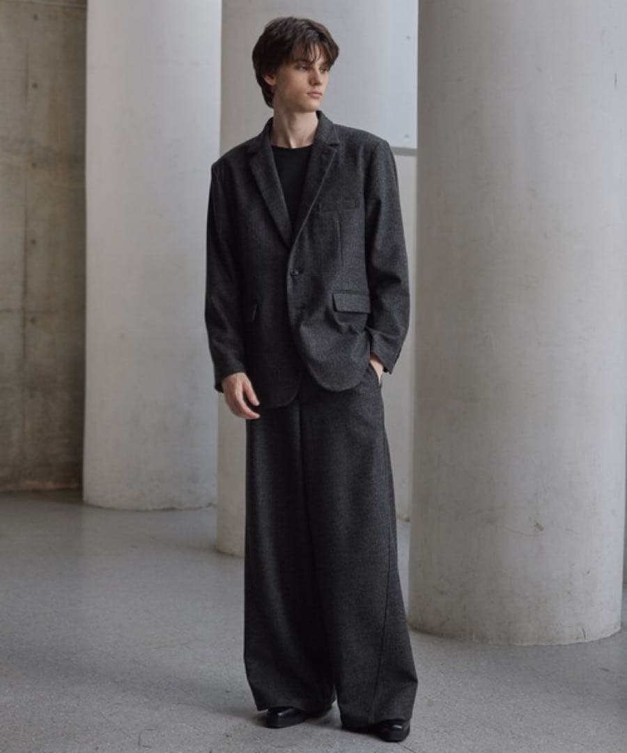 CLEL ウールブレンド ヘリンボーンツイード3Dパンツ Sサイズ　BK