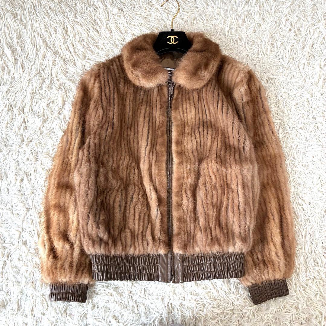 希少 サガミンク レザーミックス ジップアップブルゾン リアルファー 毛皮 M