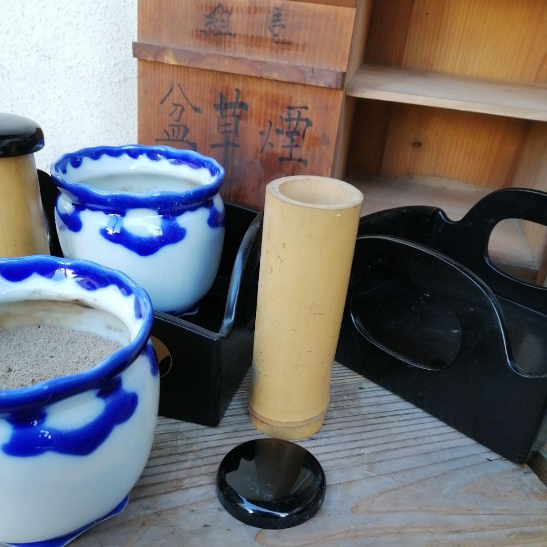 骨董　煙草盆　つぼつぼ　茶道具　２つ　木製　漆器 染め付け 漆器