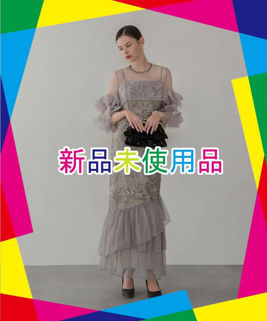 LEJA レジャ フラワースパンコールチュールフリルスリーブIライン ドレス