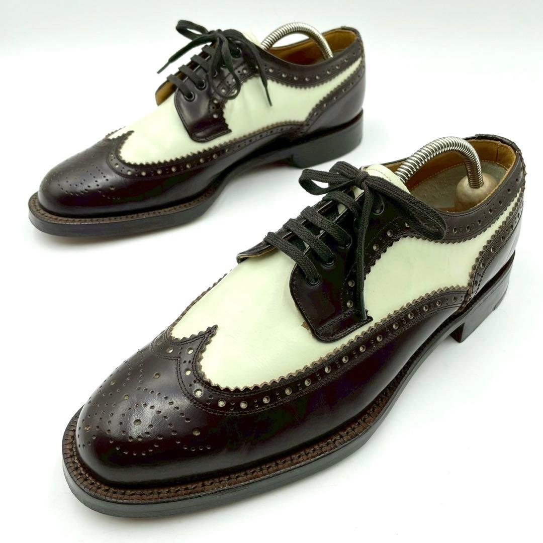 メンズビギ ドレスシューズ ウイングチップ 25.5 茶白 外羽根 Y1382