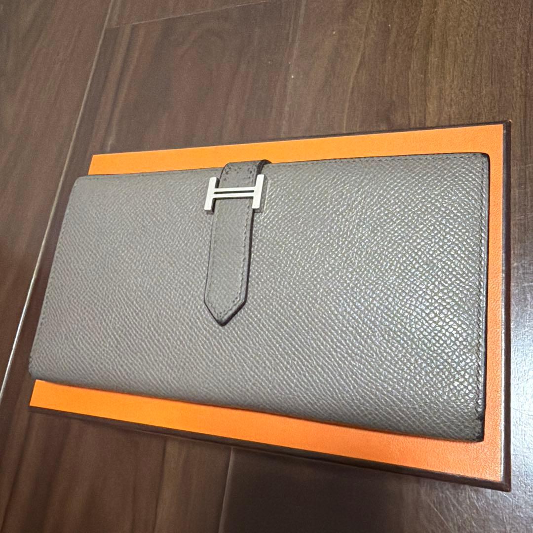 【美品】HERMES べアン スフレ グレー レザー 長財布 箱付き