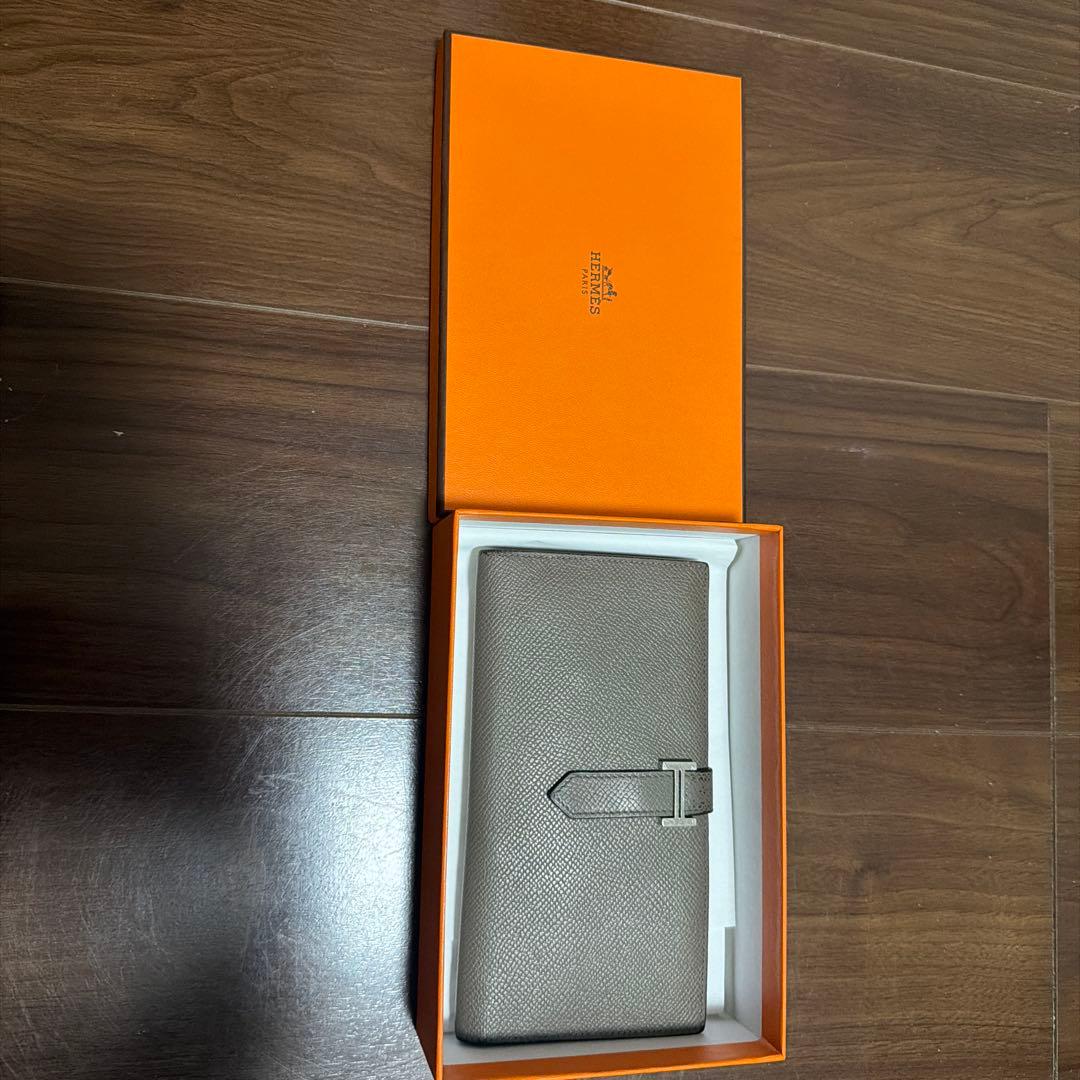 【美品】HERMES べアン スフレ グレー レザー 長財布 箱付き