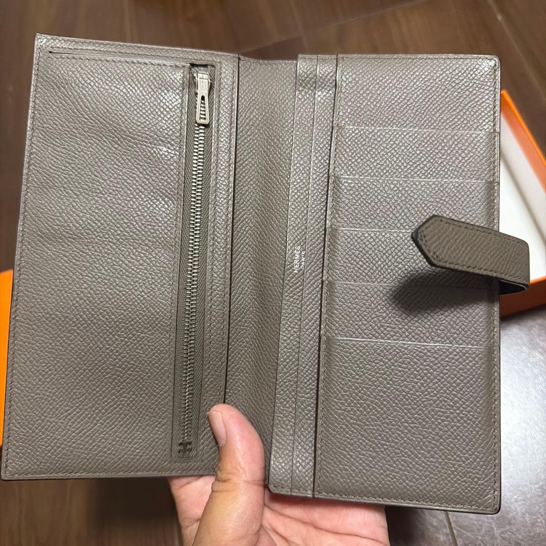 【美品】HERMES べアン スフレ グレー レザー 長財布 箱付き