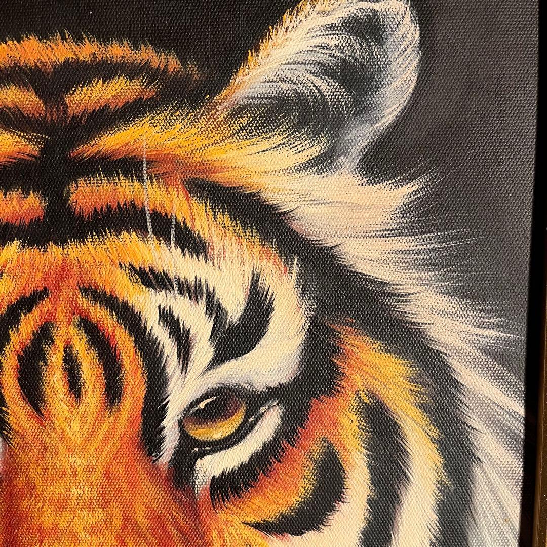 ★秀作★手書き油絵 タイガー（虎） 額付 絵画 インテリア 油彩画