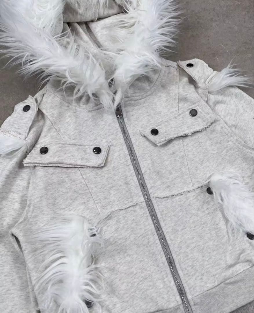 Y2K グランジ ファー パーカー ホワイト 00s サイバー パンク drip