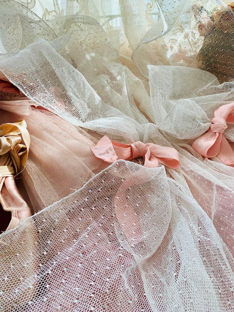 フランスアンティークドット柄チュールレースロングカーテン3枚set※古色ホワイト