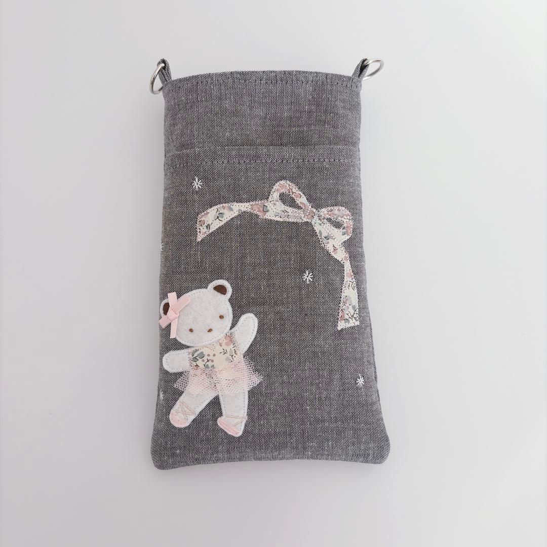 バレエ　くま　アップリケ　ミニトート　レッスンバッグ　スマホショルダー