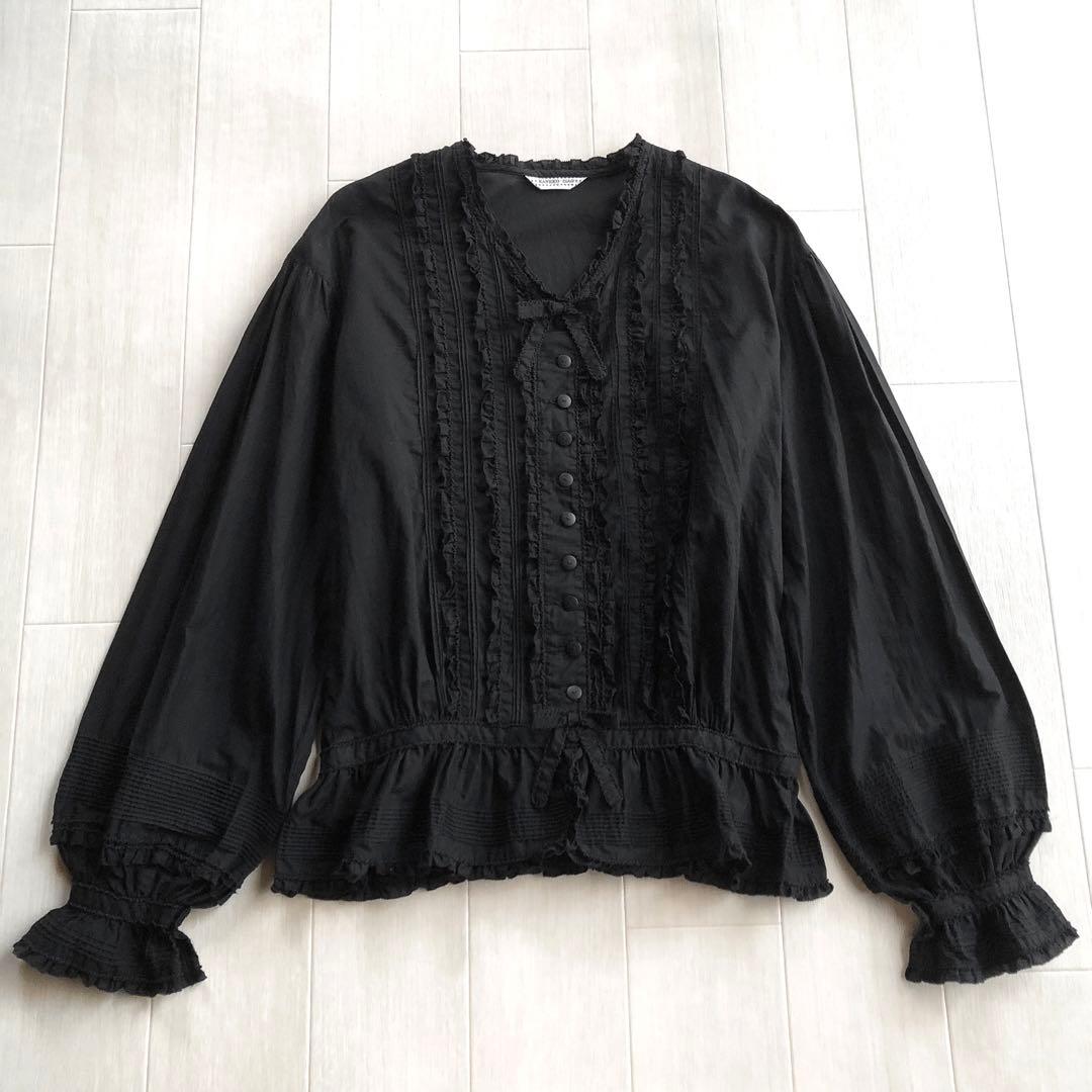 カネコイサオ 綿ローン ピンタック ピコフリル 黒 ブラウス
