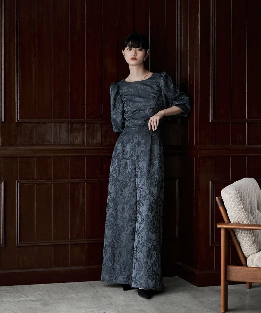 ダークグレー パフスリーブ ロングドレス