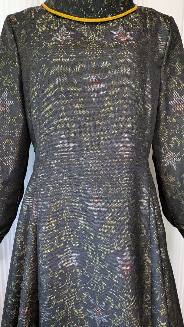 No239大島紬着物リメイク ロールカラー　たっぷりフレアーワンピース