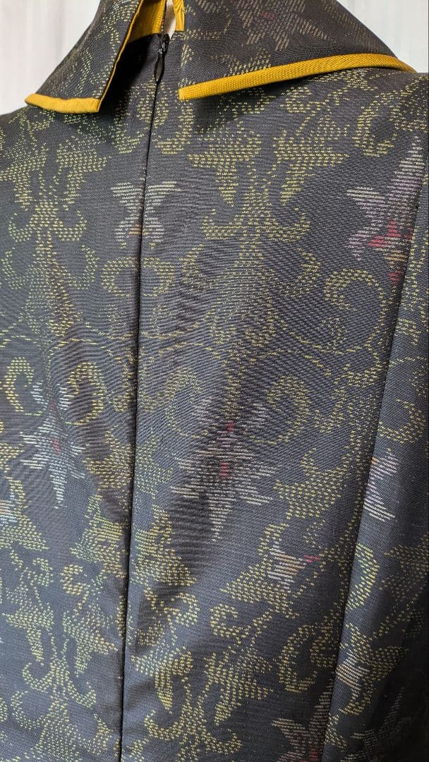 No239大島紬着物リメイク ロールカラー　たっぷりフレアーワンピース