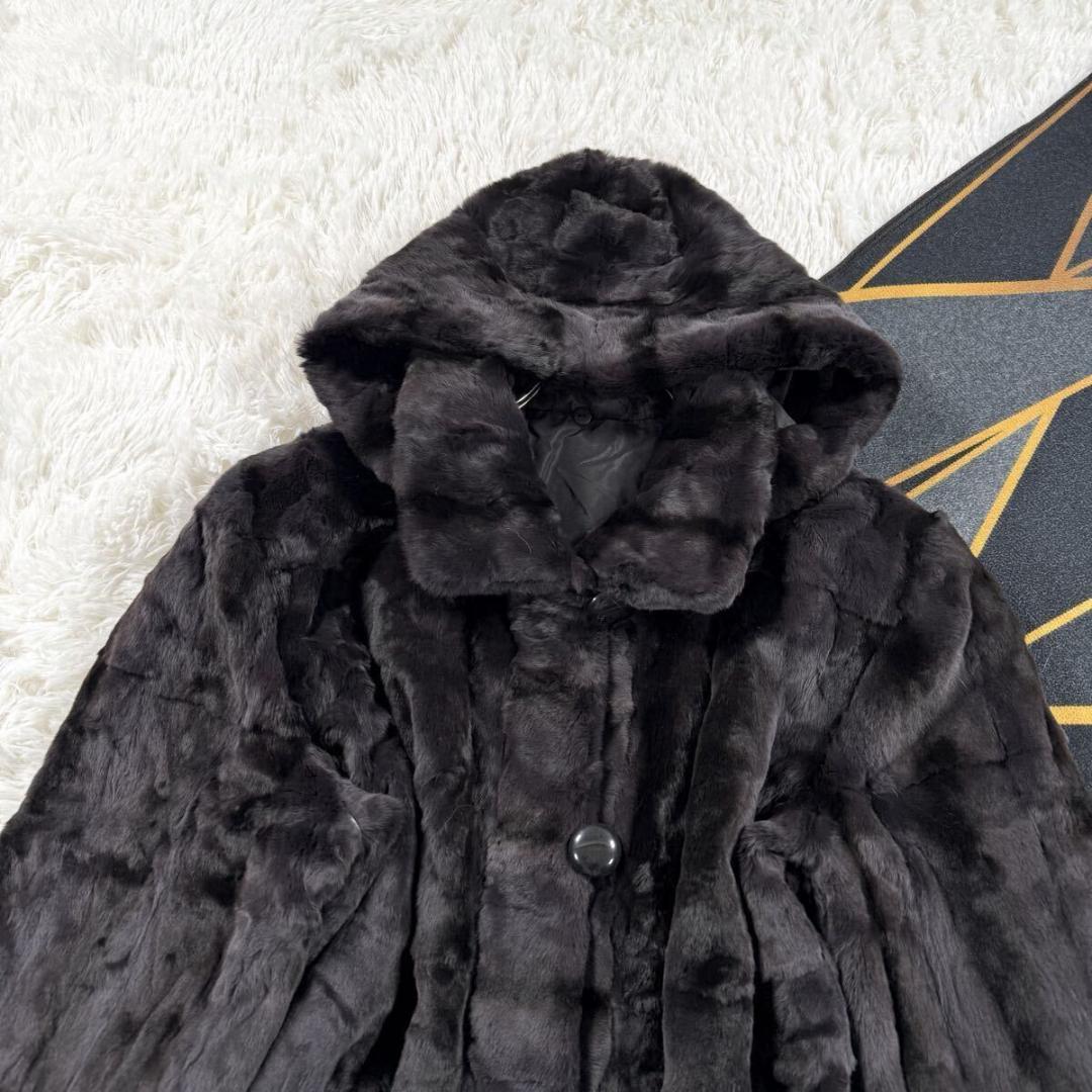 総丈85㎝ フード付き ファーコート リバーシブル XL相当 AA137