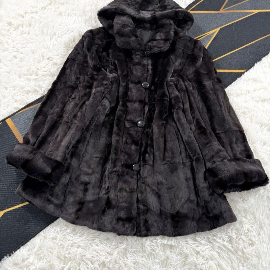 総丈85㎝ フード付き ファーコート リバーシブル XL相当 AA137