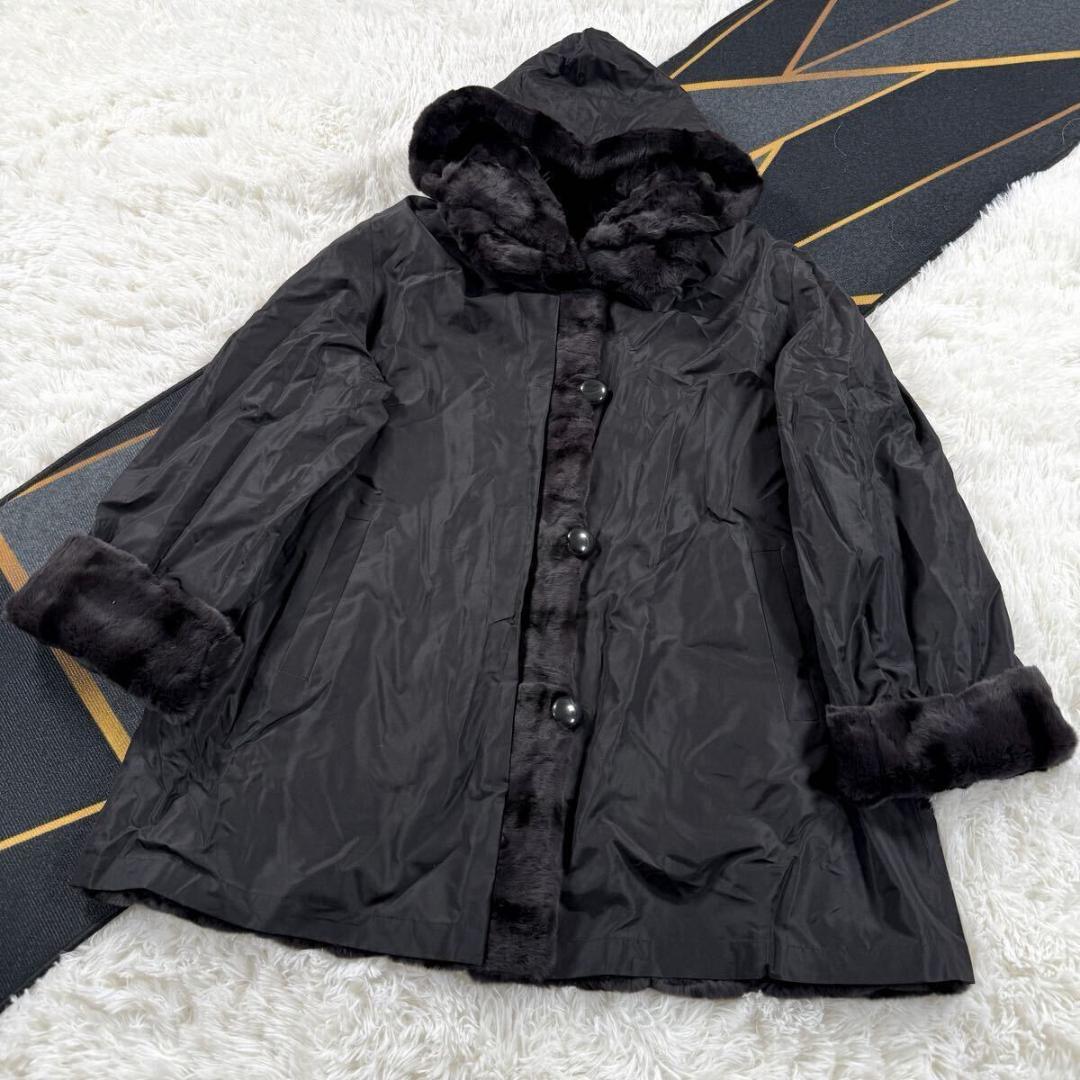 総丈85㎝ フード付き ファーコート リバーシブル XL相当 AA137