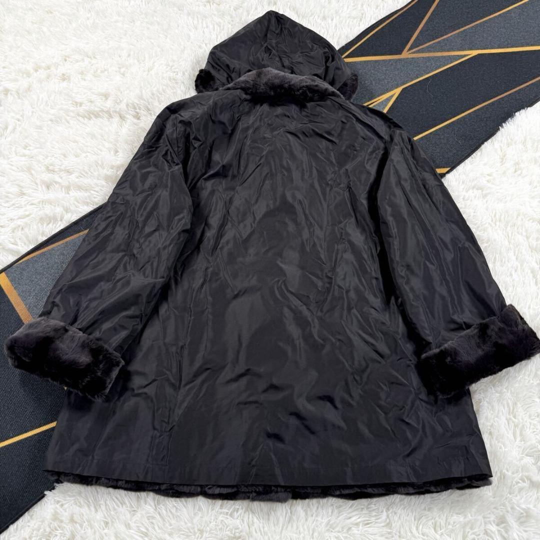 総丈85㎝ フード付き ファーコート リバーシブル XL相当 AA137