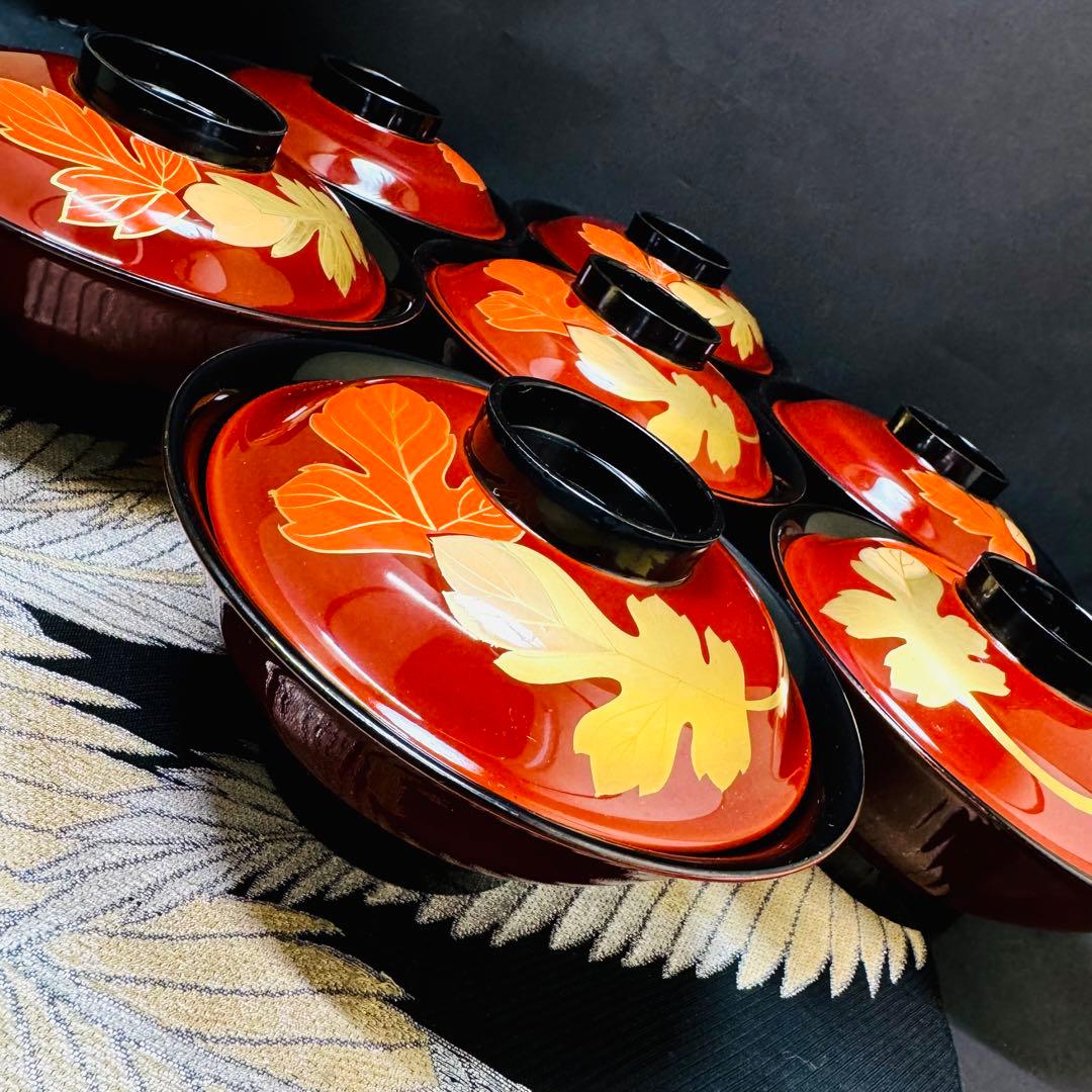 漆器　輪島塗　木製　蒔絵　溜塗　吸物椀　大きめ　蓋付椀　汁椀　7客