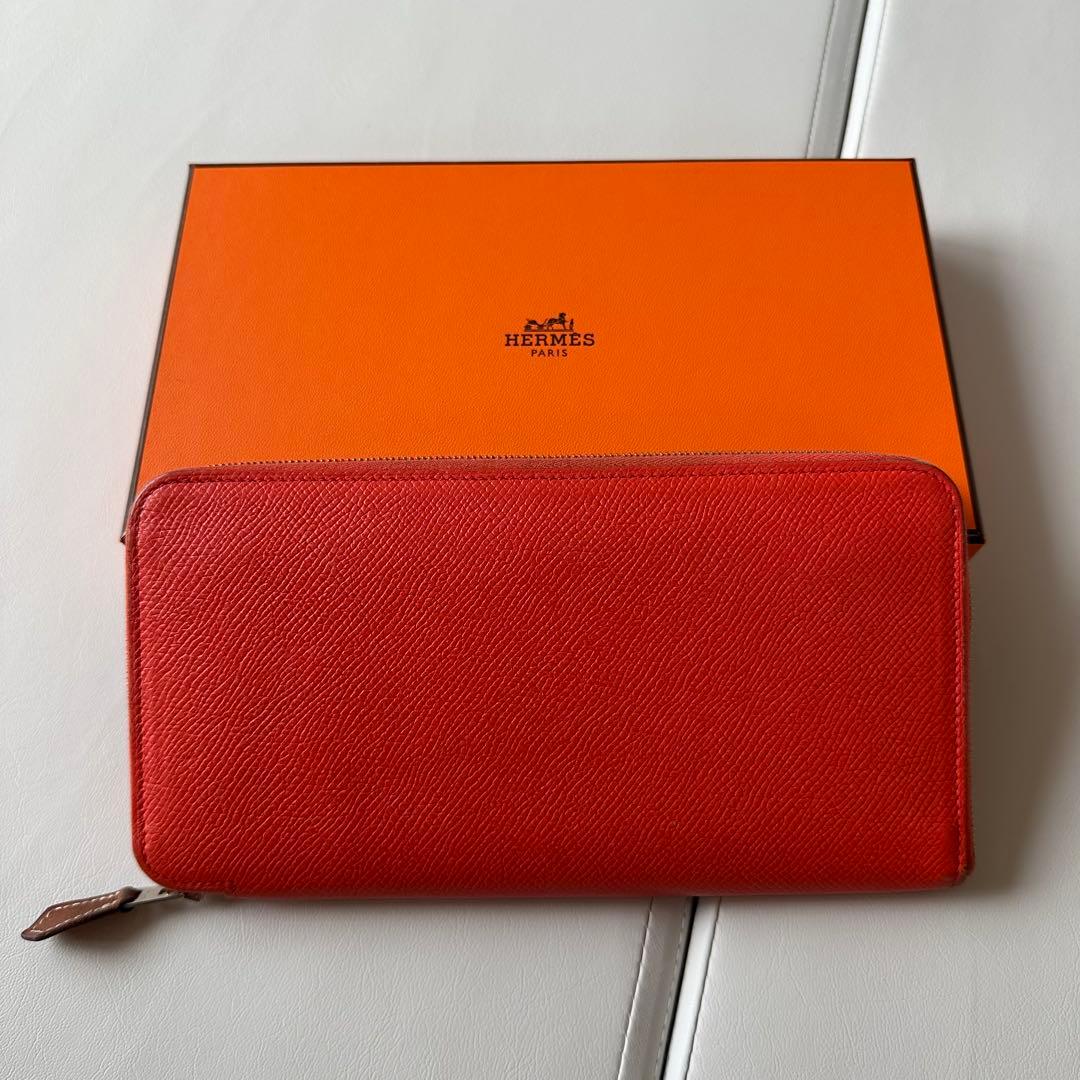 箱付 HERMES アザップロング シルクイン 財布 朱色