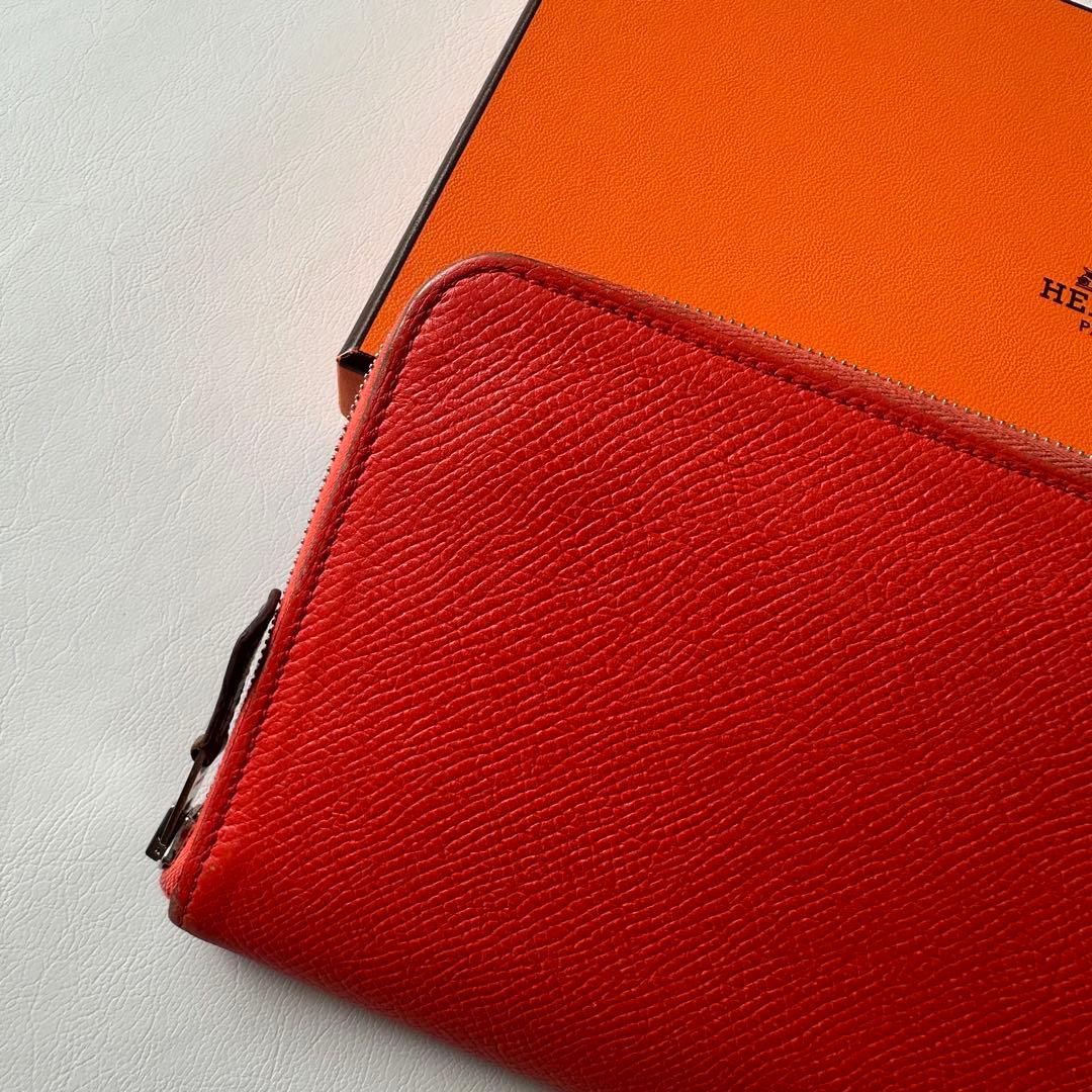箱付 HERMES アザップロング シルクイン 財布 朱色