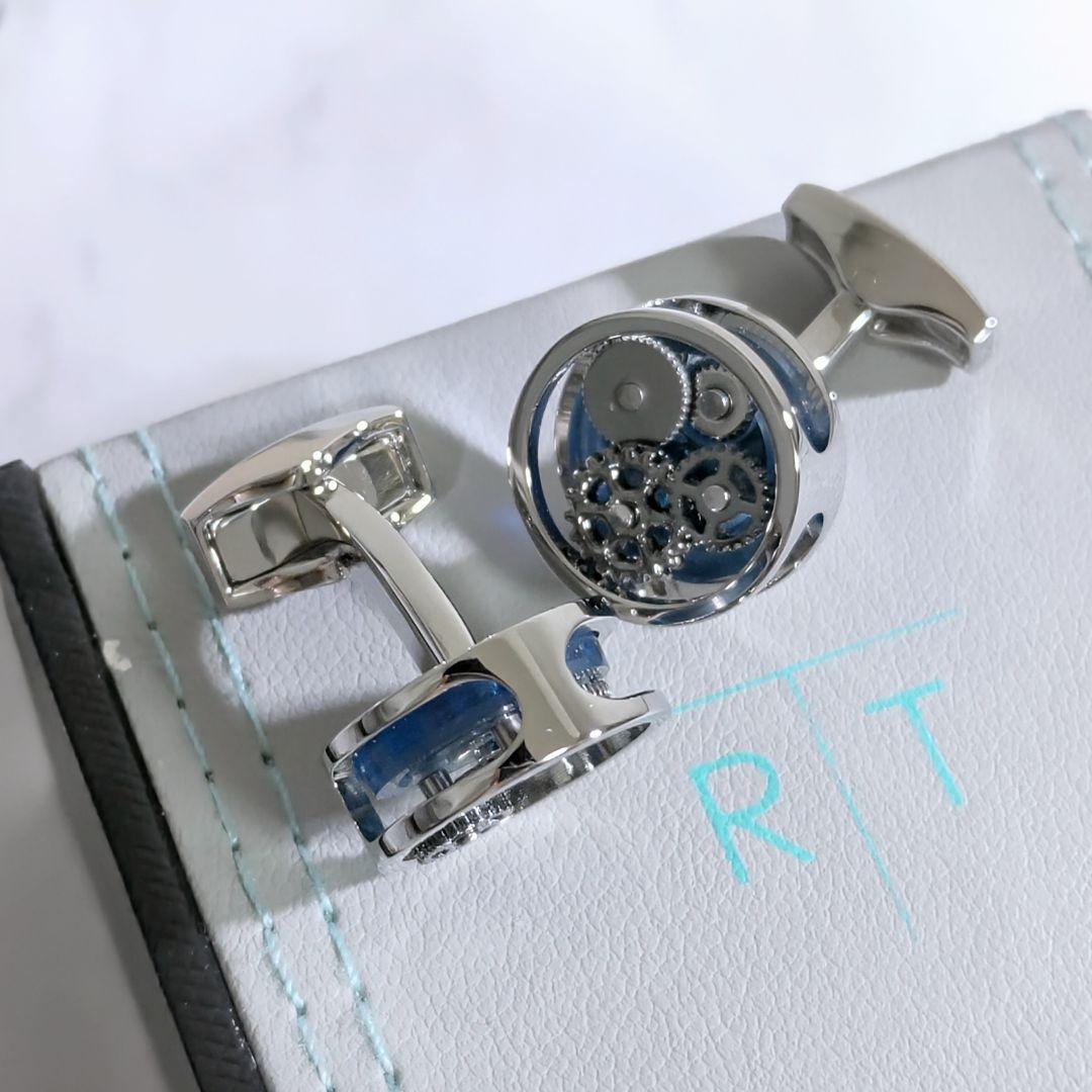 タテオシアンTATEOSSIANラウンド歯車ギアカフスボタン銀青シルバービジネス