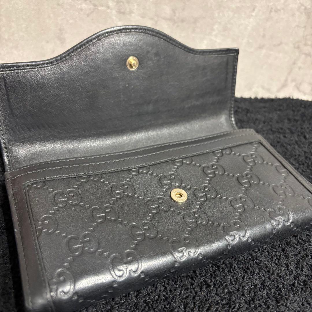 美品 GUCCI シマ インターロッキング フラップ ブラック 長財布