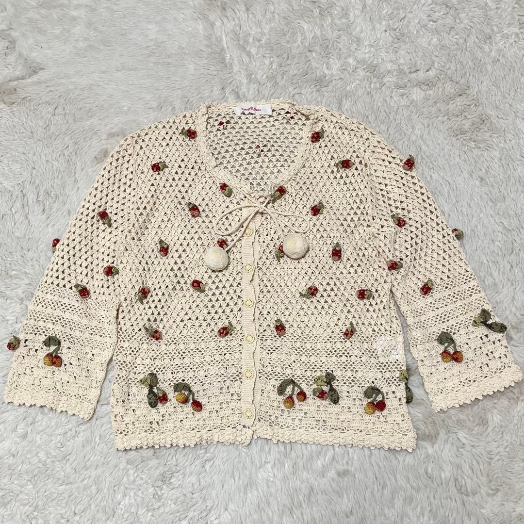 ワンダフルワールド　カネコイサオ　透かし編み　カーディガン　苺　桜桃　アイボリー