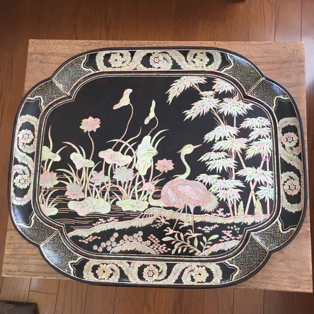 青貝瑞鳥花の図　木瓜形　香合盆　螺鈿細工　共箱