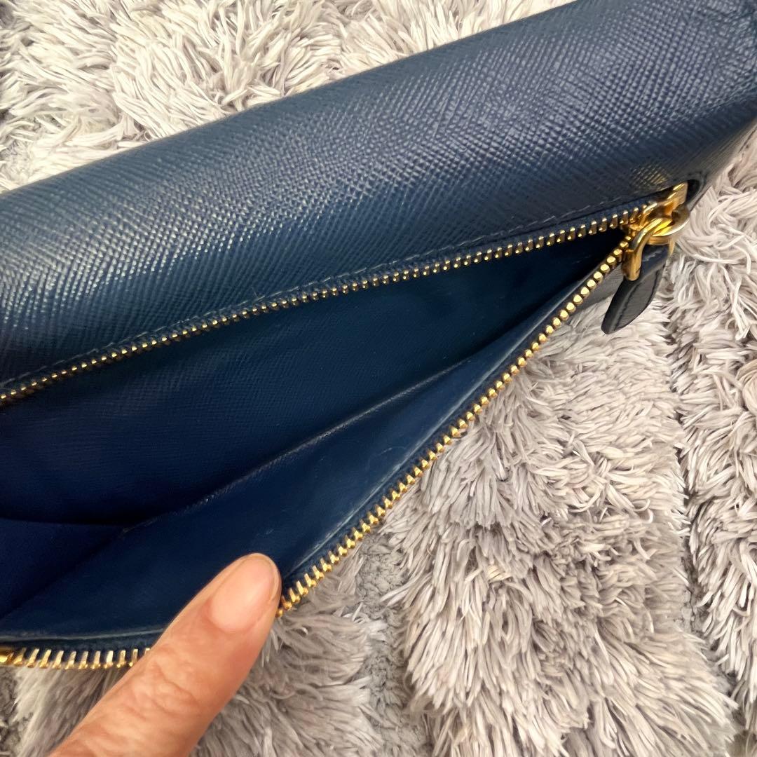 美品✨PRADA サフィアーノ　メタルバー　メタルロゴ　ネイビー　長財布