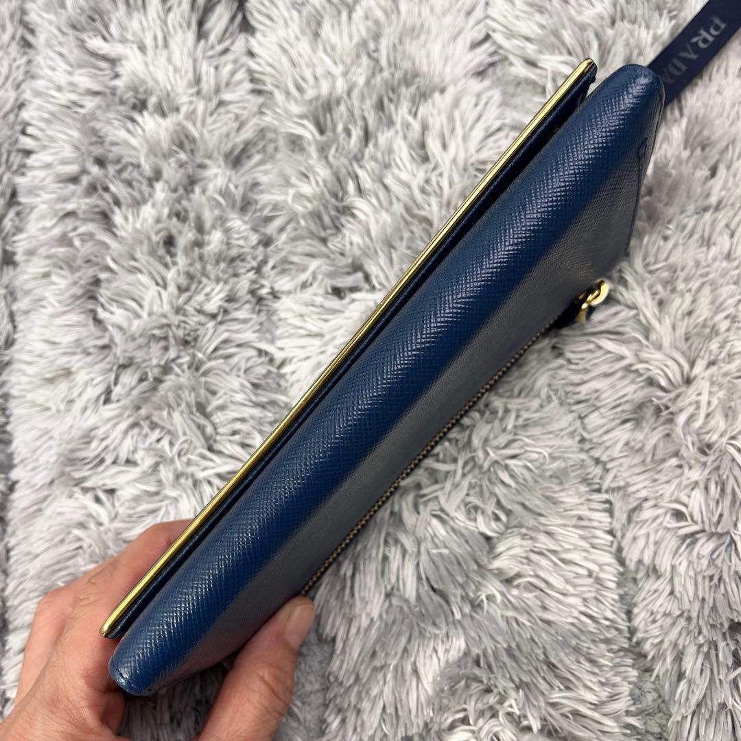 美品✨PRADA サフィアーノ　メタルバー　メタルロゴ　ネイビー　長財布