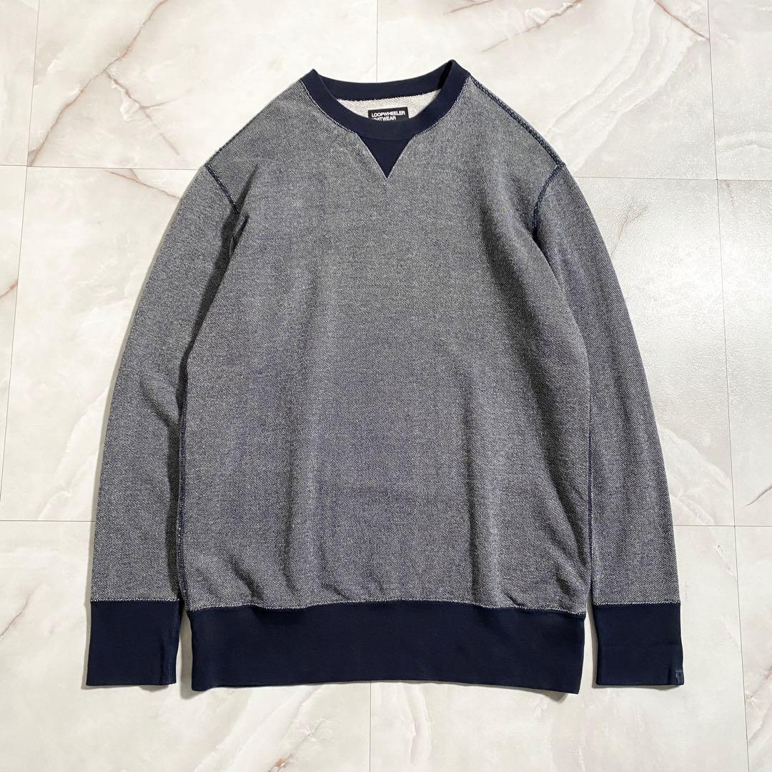 A18478 美品 ループウィラー 前V 吊り編みインレイクルーネック 紺系L