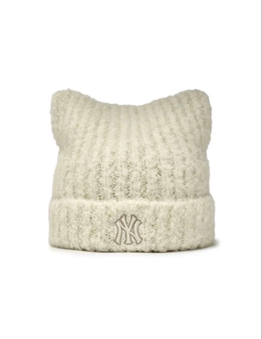 韓国限定　MLBkoreaニット帽 クリーム　ネコ耳