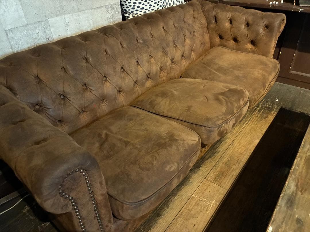 【アンティーク】ブラウン スエード 3人掛けソファ