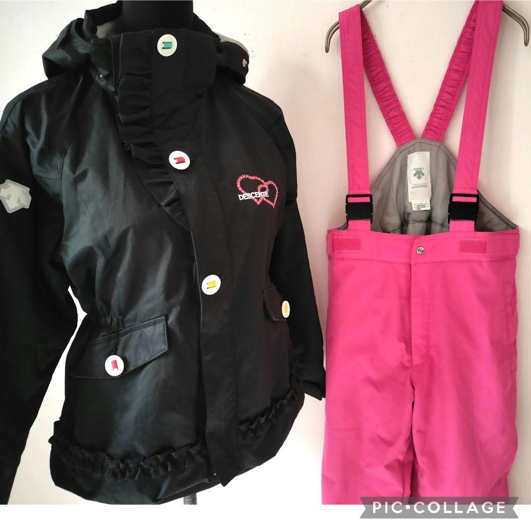 美品♡デサント♡フリルガールハート スキーウェア上下 ヒートナビ 黒ピンク150