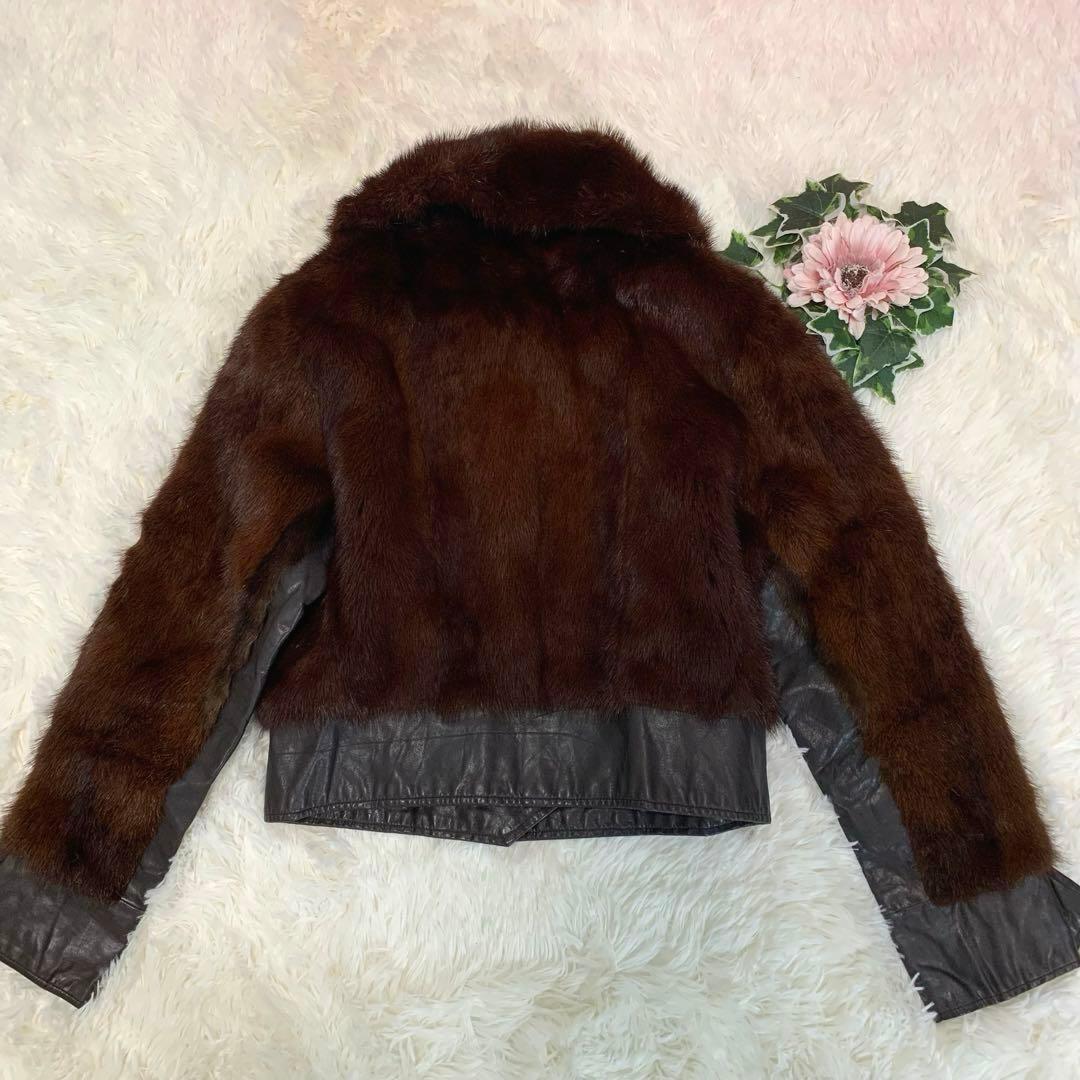 【本革×リアルミンクファー】 ジャケット M相当 濃茶 刺し毛＆密度◎ ショート