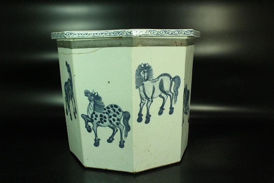 中国美術 青花 馬紋 八方器 高30cm 水屋鉢伝来 成化年製 款 K-A866