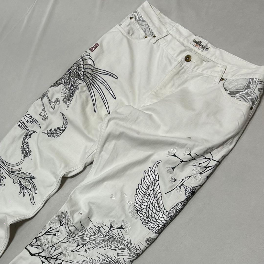 00s 絡繰魂 W40 鳳凰 龍 和柄 刺繍 デニム バギーパンツ 極太