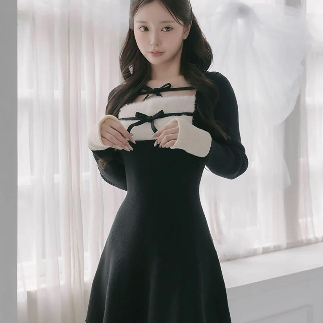 Darich リボンファーフレアニットミニワンピース FLサイズ ブラック