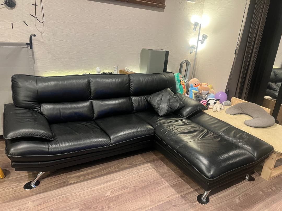 交渉可:ニトリ　本革カウチソファー黒　3人掛け左コーナー　ロゾ4クッション2個