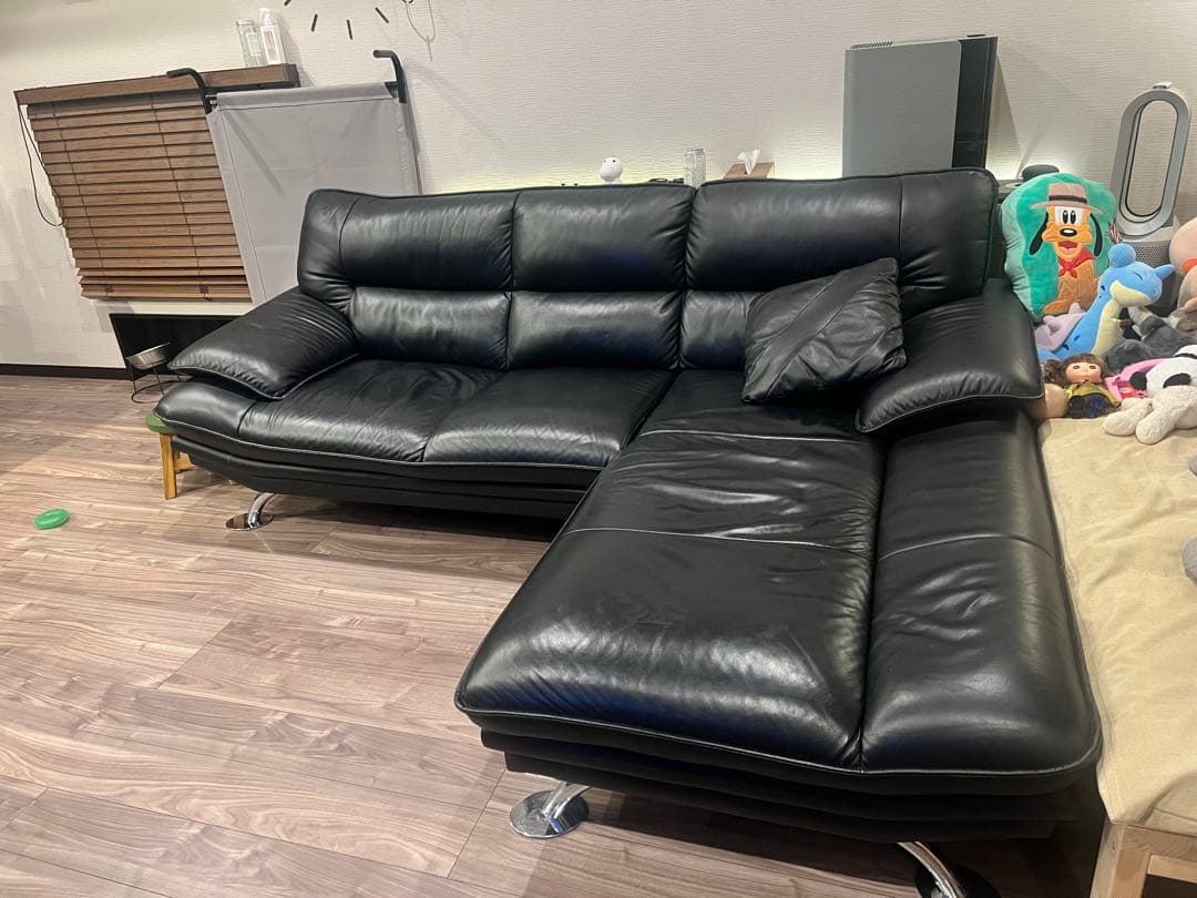 交渉可:ニトリ　本革カウチソファー黒　3人掛け左コーナー　ロゾ4クッション2個