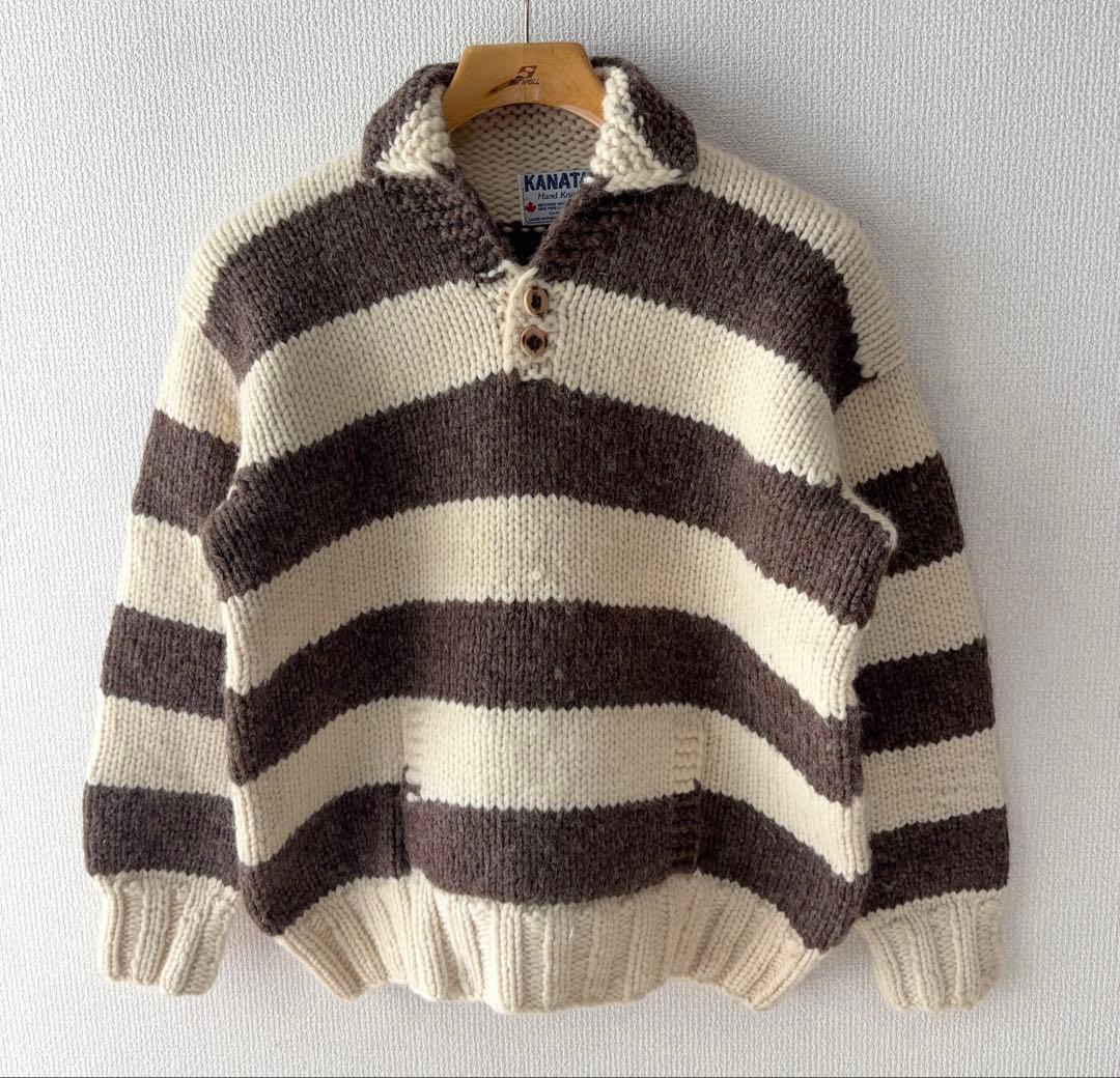 カナダ製 KANATA ボーダー カウチン セーター プルオーバー ハンドニット