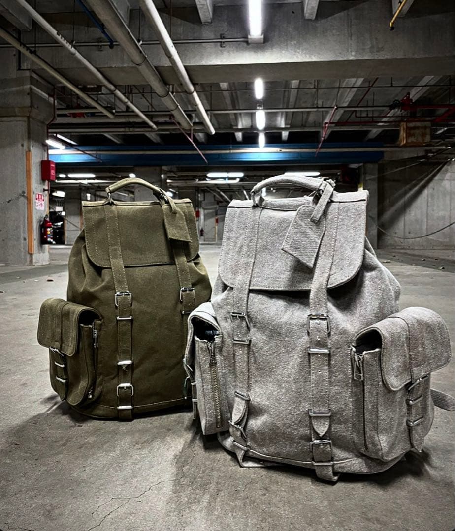 ビンテージコットン　キャンバス生地　グレー・オリーブ リュック　バックパック