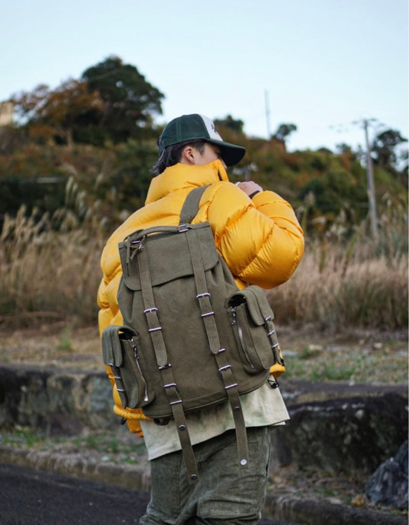 ビンテージコットン　キャンバス生地　グレー・オリーブ リュック　バックパック