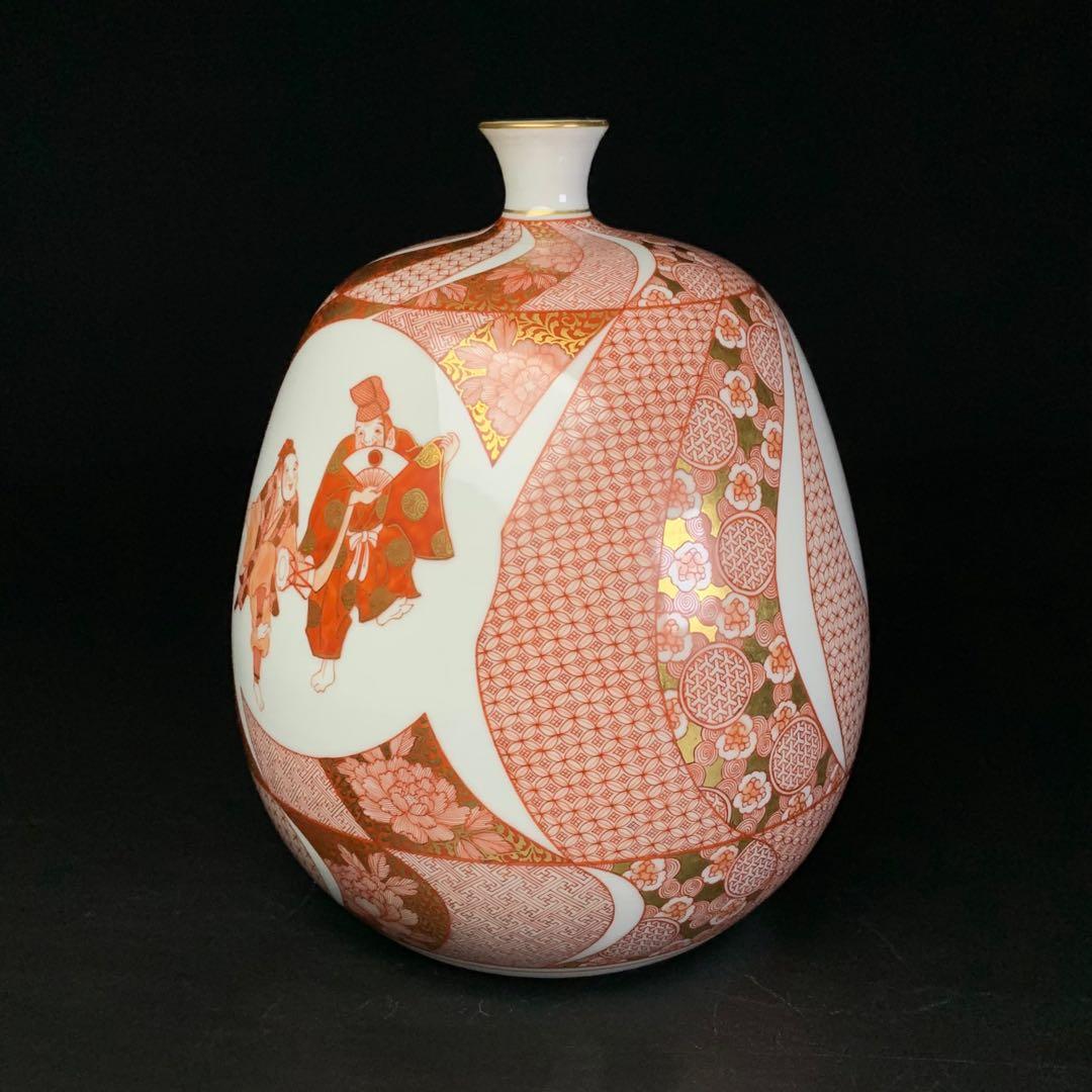 【福島武山 作】九谷焼 名工 『赤絵 江戸まつり』 九谷佐野窯 花瓶 共布 共箱