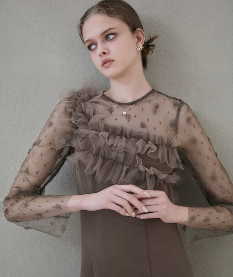 Leja フラワーモチーフアシンメトリーチュールマーメイドワンピースドレス