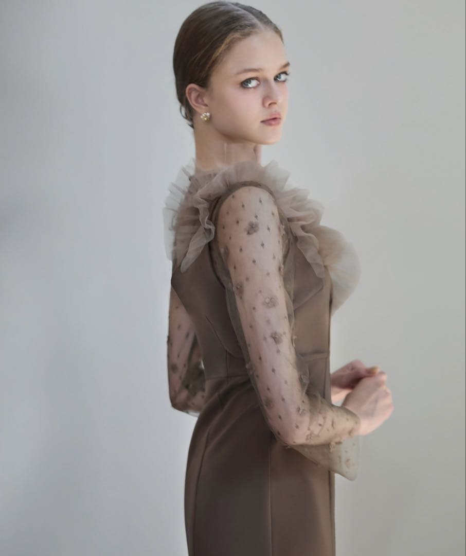 Leja フラワーモチーフアシンメトリーチュールマーメイドワンピースドレス