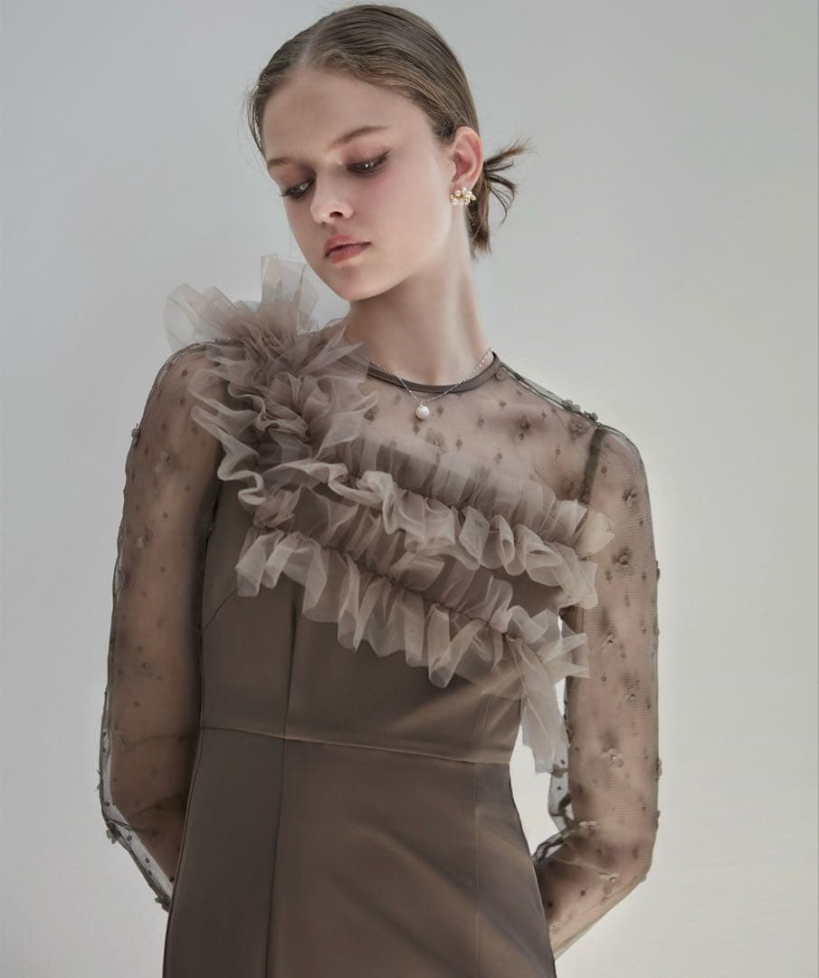 Leja フラワーモチーフアシンメトリーチュールマーメイドワンピースドレス