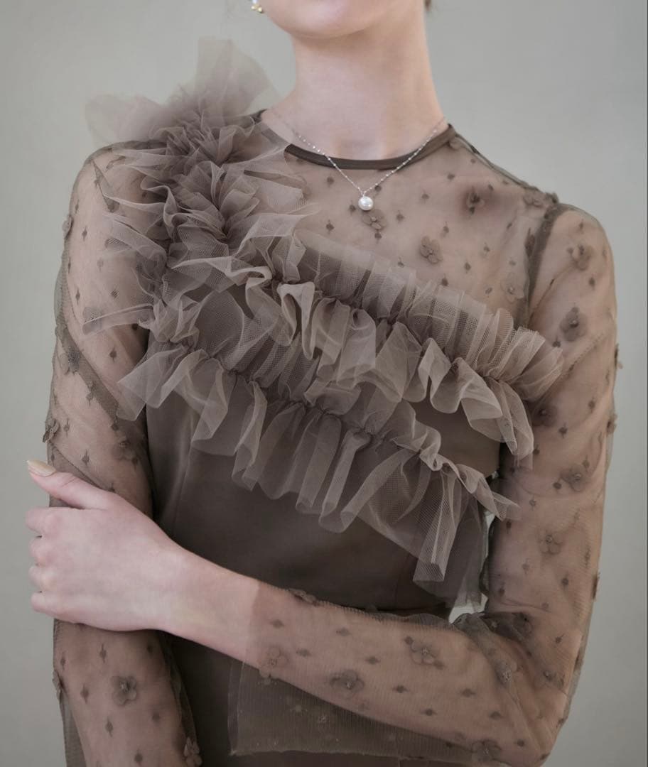 Leja フラワーモチーフアシンメトリーチュールマーメイドワンピースドレス