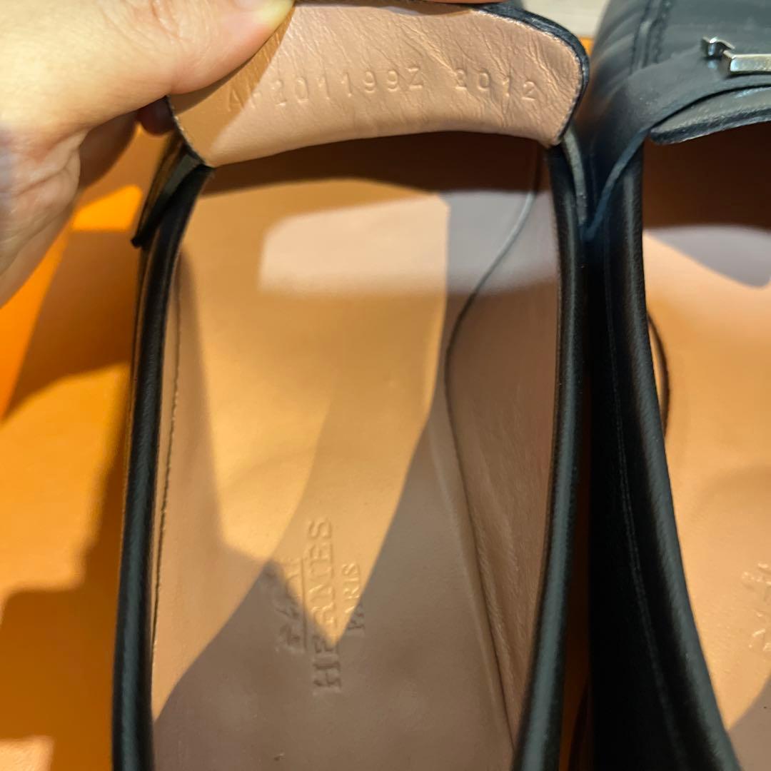 【ありがと】エルメス モカシンパリ 黒 シルバー　37.5