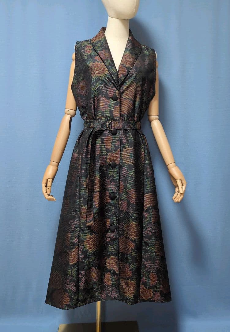 着物リメイク　やや難あり　大島紬ショールカラージレワンピース　L〜XL