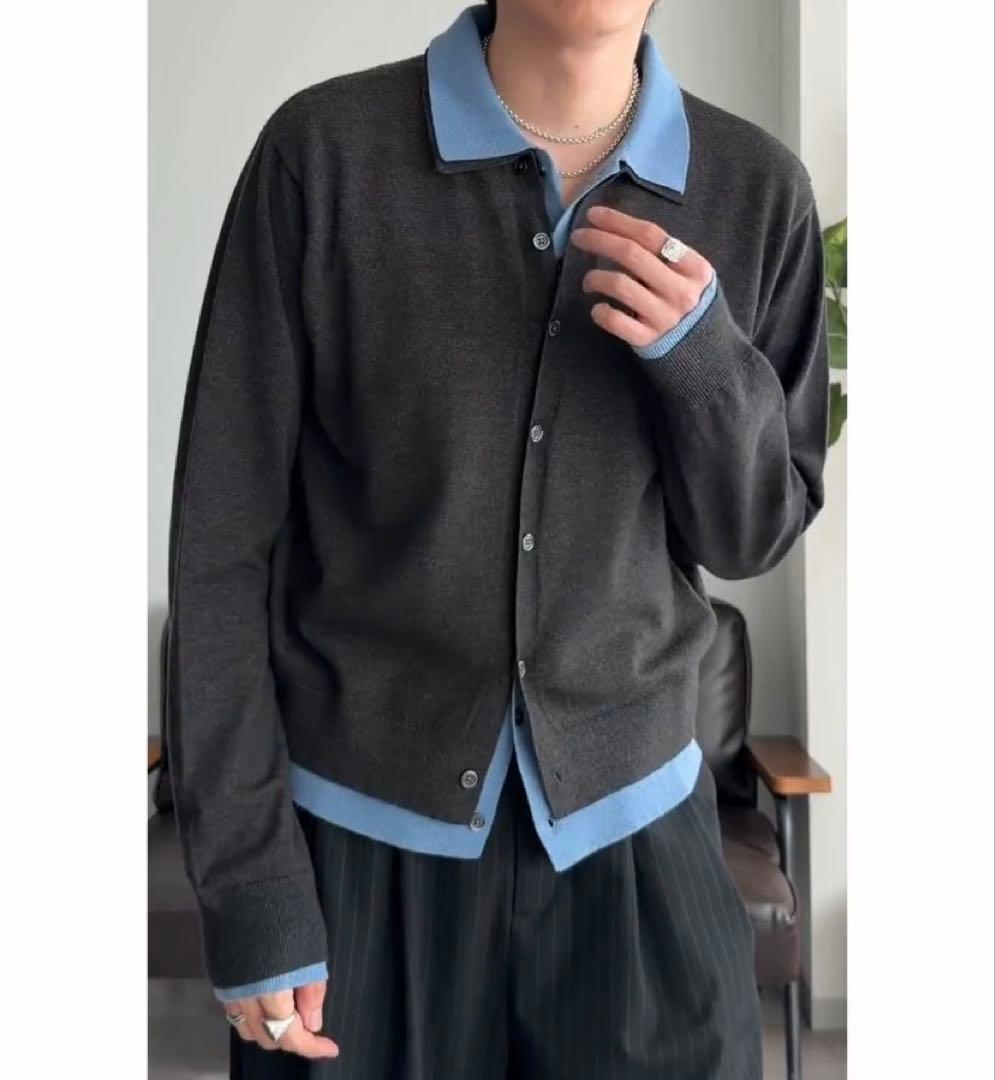 新品　selleglante レイヤードスタイルハイゲージニットシャツ　ブルー